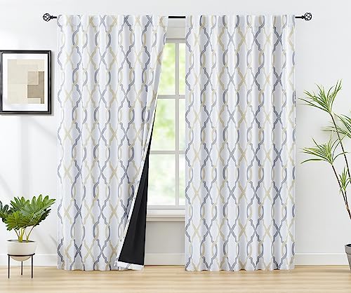 Fmfunctex 100% Blackout Curtains 84 Inches Long for Bedroom, Yellow Grey on White Geometric Patterned Drapes for Living Room, Thermal Insulated Moroccan Window Curtains Rod Pocket/Back tab 2 Panels