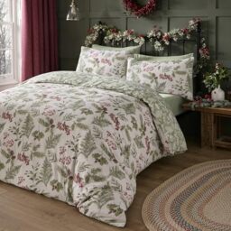 Dreams & Drapes - Christmas Holly & Red Berries Duvet Cover - King Bedding Size (230 x 220cm) - Reversible Design (2 Colours) - 100% Cotton - Christmas Sprigs & Fern
