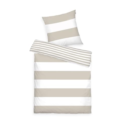 TOM TAILOR Renforcé Bed Linen, 80 x 80 cm + 155 x 220 cm, 100% Cotton/Renforcé, with Reversible Motif and Branded Zip, Siena, Beige/Sand, White