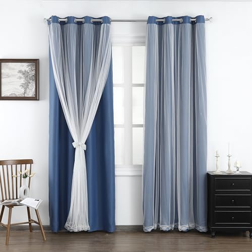 "naturetalk 90%-95% Blackout Curtains with Crushed Sheer ??? 2 Pieces Drape Panels Set ??? Antique Silver Grommet Top - Stone Blue - 52"" W x 63"" L (2 Panels)"