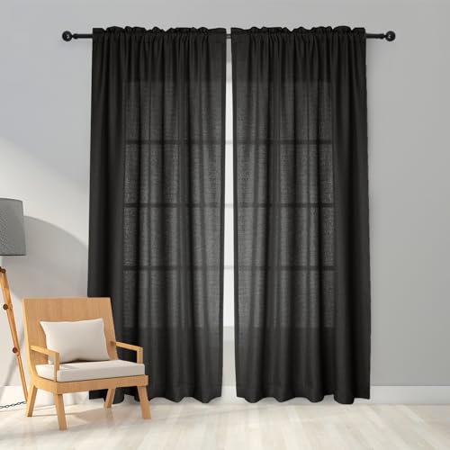 "Melodieux Black Semi Sheer Curtains 45 Inch Length, Small Window Sheer Curtains, Bedroom Kitchen Linen Look Farmhouse Light Filtering Shiny Sheer Drapes Rod Pocket, 52"" W x 45"" L, 2 Panels"