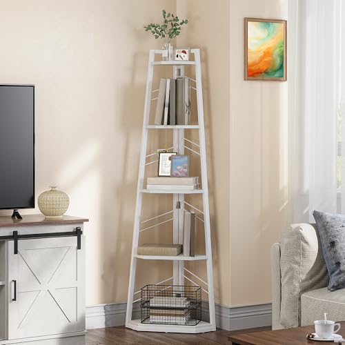YITAHOME Corner Shelf 5 Tier, Industrial Corner Bookshelf Modern Floorstanding Corner Bookcase Ladder Shelf Wooden Open Shelving Unit for Living Room, Hallway, Home Office, Pure White Book shelf