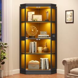 Jocoevol Corner Display Cabinet with Glass Doors, 170cm Tall Curio Cabinet, 4-Tier Glass Display Cabinets with RGB Lights & APP, Sensor, Display Case for Living Room, Black