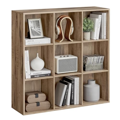 VASAGLE Bookcase, Bookshelf, Storage Shelf with 9 Compartments, Standing Shelf, Cube Shelf, for Living Room, Home Office, Dinning Room, Camel Brown LBC177K01