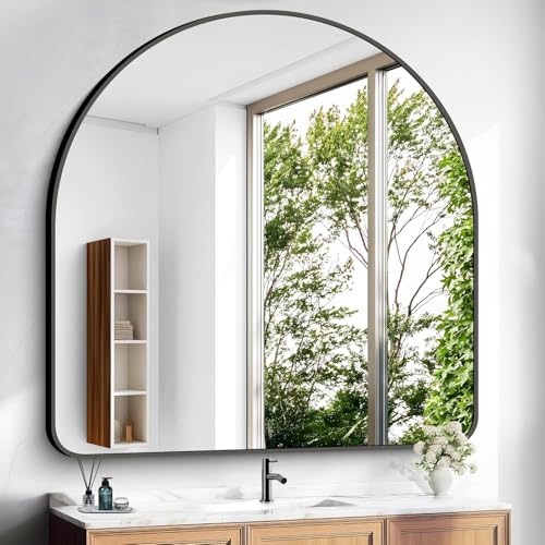 "Arched Bathroom Mirror, 30""x30"" Black Arched Mirror for Bathroom, Wall Mounted Mirror, Gold Vanity Wall Mirror w/Metal Frame for Bedroom, Entryway, Living Room, Vertically Hanging"