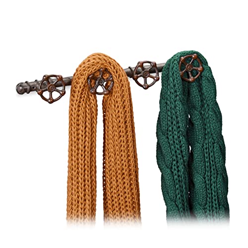 Relaxdays Wall-Mounted Coat Rack, 4 Hooks, Cast Iron, Deco Pipeline Look, Rustic, H x W x D: 6.5 x 46.5 x 6 cm, Brown