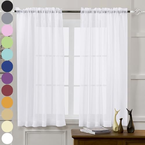 MYSTIC-HOME White Sheer Tulle Curtains - 2 Panel Sets, 54 Inch Length, Rod Pocket, for Bedroom & Living Room