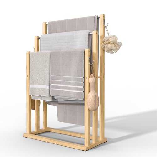 VOUNOT® Freestanding Towel Rail 3-Tier Bamboo Towel Stand, Stable Towel Holder Storage for Washcloths and Bathroom Accessories, Natural