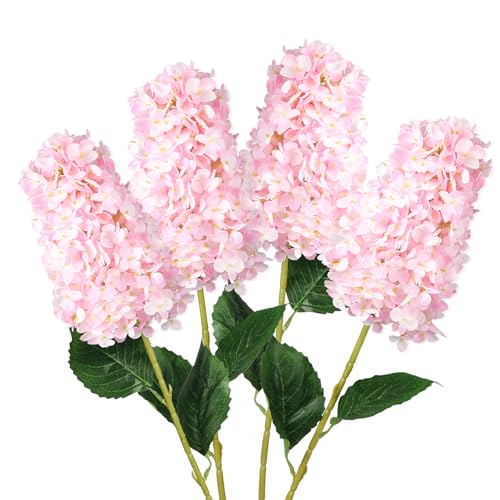 GrainBuds 4pcs Pink Hydrangea Artificial Flower, 33.5 Long Stem Real Touch Conical Fake Hydrangea Silk Flowers, for High Vase Flower Arrangements Decoration, Family Farmhouse, Office, Hotel Decor