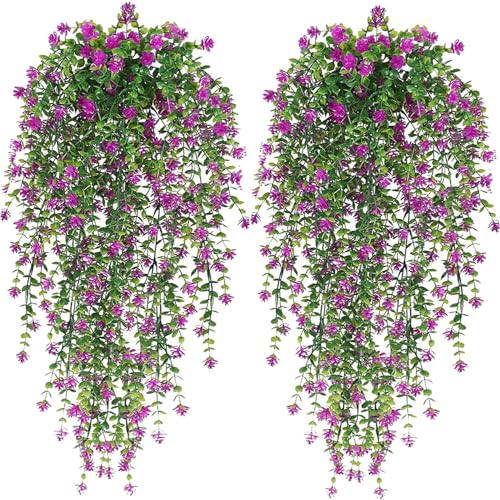 4 Pack Artificial Hanging Plants Fake Ferns Plants Large Faux Plants Wall Plants Ivy Vine Plant for Shelf Home Room Office Indoor Outdoor Greenery Decor (Fuchsia)