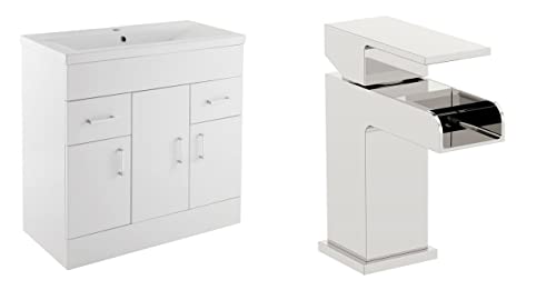 VeeBath Sobek 800 Vanity Unit with Basin and Waterfall Mixer Tap, Floor Standing Cabinet Rectangular Ceramic Wash Basin for Bathroom Furniture with 3 Doors and 2 Drawers- Gloss White (Flat Pack)