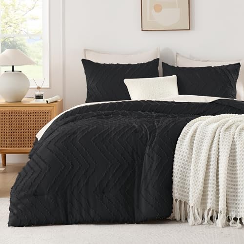 Andency Black Oversized Super King Comforter Set 120x120 Extra Large - Oversize Super King Boho Warm Comforter Sets, Aesthetic Chevron Farmhouse Cute Bohemian Textured Bedding Set