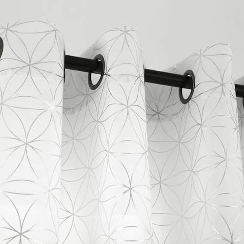 "Taisier Home Silver Linen Grommet Window Curtain Panels Metallic Geo Moroccan Tile Foil Print Cream Semi Sheer Draperies for Bedroom Living Room,Light Filtering Window Treatments,52"" Wx63 L,2 Panels"