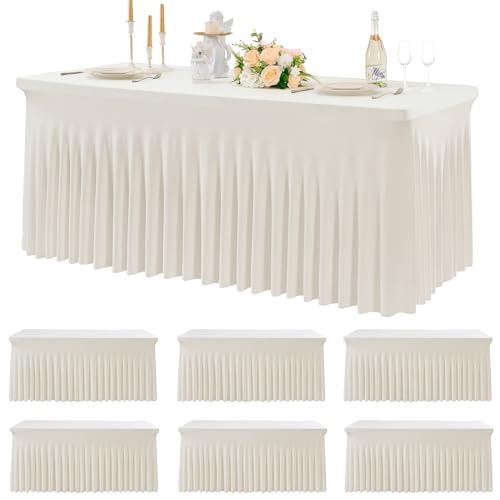 6 pk Spandex Ivory Tablecloths for 6 Foot Rectangle Tables, Stretch Table Cloth 6ft Fitted Tablecover Desk Skirt for Parties Weddings Birthday Banquet Baby Shower
