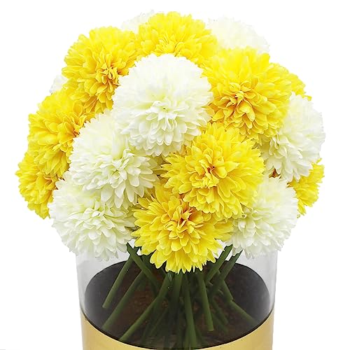 Blooming Paradise 20Pcs Artificial Fake Flower Plants Silk Chrysanthemum Ball Hydrangea Arrangements Wedding Bouquets Decor Home Kitchen Garden Party Table Floral Centerpieces DIY (White&Yellow)