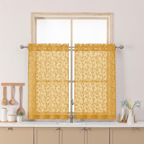 "Chyhomenyc Gold Sheer Curtains 36 Inch Length, Light Filtering Leaf Tufted Textured Small Window Kitchen Curtain Over Sink, Short Half Window Curtains for Bathroom Basement, 30"" Wx36 L, 2 Panels"