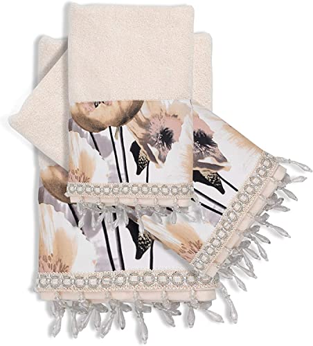 Zahari Home Poppy Fields Modern Bath Towel Set 3 Piece Ensemble - Bath, Hand and Wash Towels in Beige