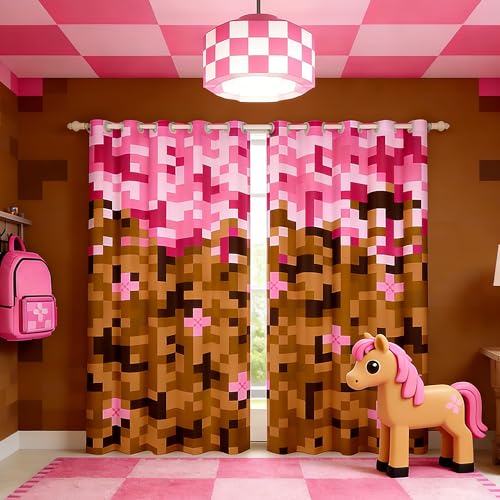 Miner Theme Games Window Curtain,Pixel Pink Brown Window Treatment Curtain,Kids Girls Men Building Gamers Bedroom Curtains Block Patchwork Living Room Decor Top 2 Panels,52Wx63L