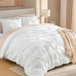 Andency White Pinch Pleated Comforter Queen(90x90Inch), 3 Pieces(1 Pintuck Comforter and 2 Pillowcases) Pintuck Microfiber Down Alternative Comforter Bedding Set