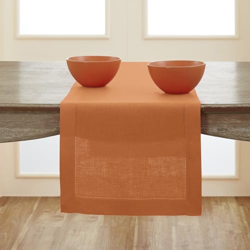 Solino Home Linen Pumpkin Table Runner 120 Inches Long - 100% Pure Linen Hemstitch 14 x 120 Inch Table Runner for Dining - Classic Hemstitch