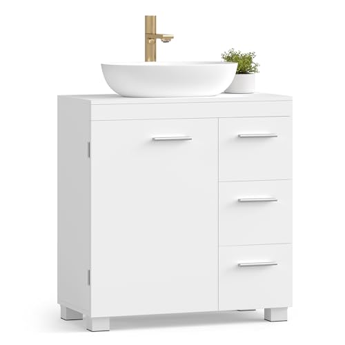 VASAGLE Under Sink Bathroom Cabinet, Storage Cabinet with Feet, 3 Drawers, 2 Compartments Behind the Door, for Washbasins with Pedestal, 30 x 60 x 64 cm, Cloud White BBK514WB01
