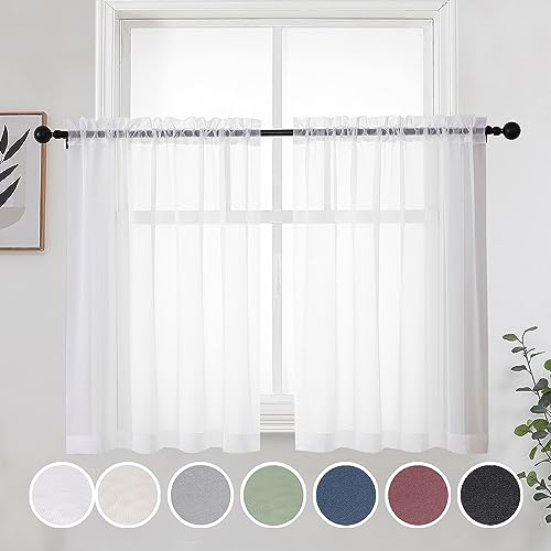 OWENIE Short White Sheer Curtains 36 Inches 2 Panels Set - Kitchen Tiers Valances Curtains Light Filter Rod Pocket Voile Cafe Curtains for Kitchen Bathroom Small Half Window, 42 in W x 36 in L