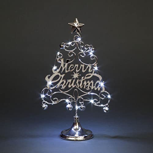Pre-Lit Table Top Golden Merry Christmas Tree with Warm Bells Star Festive Xmas Holiday Home Office Novelty Decorations, Metal, Silver W/Cool White LEDs, 14 Inch