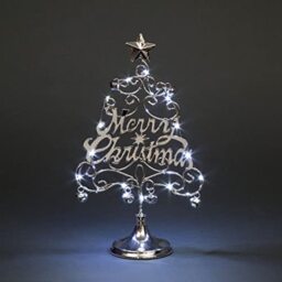 Pre-Lit Table Top Golden Merry Christmas Tree with Warm Bells Star Festive Xmas Holiday Home Office Novelty Decorations, Metal, Silver W/Cool White LEDs, 14 Inch