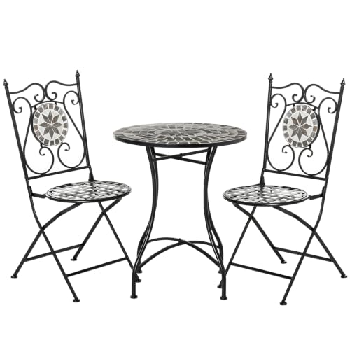 Outsunny 3 Pcs Mosaic Tile Garden Bistro Set, Table, 2 Folding Chairs Grey - Outdoor Seating, Metal Frame, Elegant Scrolling, Indoor Patio Balcony