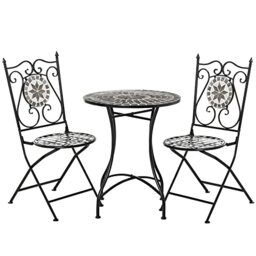 Outsunny 3 Pcs Mosaic Tile Garden Bistro Set Outdoor Seating w/Table 2 Folding Chairs Set Metal Frame Elegant Scrolling Indoor Patio Balcony
