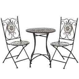 Outsunny 3 Pcs Mosaic Tile Garden Bistro Set, Table, 2 Folding Chairs Grey - Outdoor Seating, Metal Frame, Elegant Scrolling, Indoor Patio Balcony