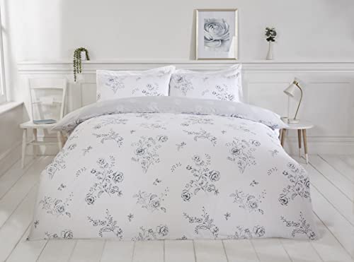 Rapport Home Blue Floral Duvet Cover Set - White Reversible Eco-Friendly Bedding Set - 3Pcs King Size Quilt Cover Featuring Roses and Paisley Motif