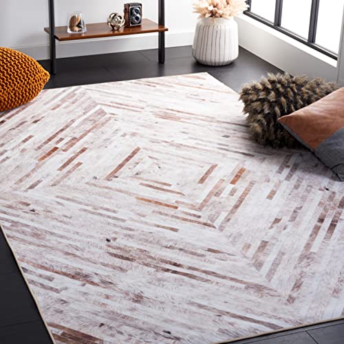 Safavieh Geometric Rug Living Room, Dining Room, Bedroom - Machine Washable and Non Slip - Faux Hide Collection, Short Pile, in Beige and Brown, 122 X 183 cm