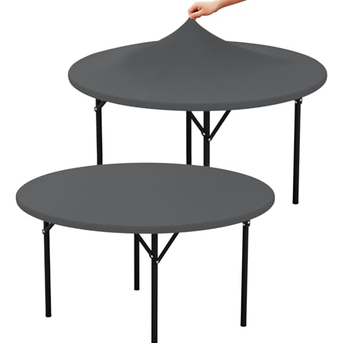 "misaya 2 Packs Round Spandex Tablecloths, Stretch Elastic Tablecloth Cover Fitted for 57""-68"" Round Tables, Waterproof Polyester Washable Table Cloth for Dining, Party, Outdoor and Indoor, Grey"