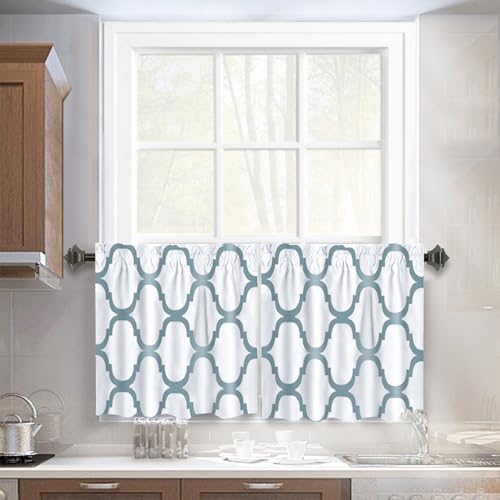 Melodieux Set of 2 Moroccan Fashion Tier Curtains for Kitchen,Geometric Lattice Rod Pocket Curtains for Cafe Bathroom Small Windows,24 Inch Length,Off White/Dusty Teal