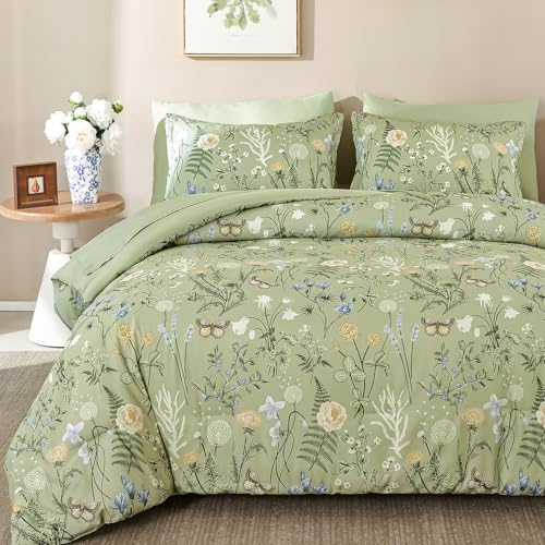 Yiran Green Floral Comforter Set Queen Size, 7 Piece Botanical Comforter Bedding Set, Farmhouse Bed in a Bag, Soft Microfiber Complete Bedding Set with Sheets for All Season