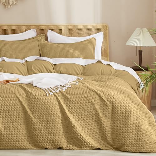 "PHF Waffle Weave Duvet Cover Set Queen Size, No Snagging Ultra Soft Luxury Textured Breathable Comforter Cover for All Season 3pcs, Durable Bedding Duvet Set with 2 Pillow Shams, 90""x90"", Antelope"