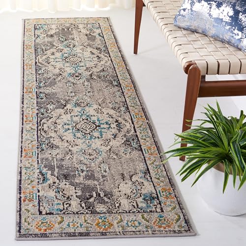 Safavieh Boho Chic Indoor Woven Runner Area Rug, Monaco Collection, MNC243, in Grey / Light Blue, 66 X 244 cm for Living Room, Bedroom or Any Indoor Space