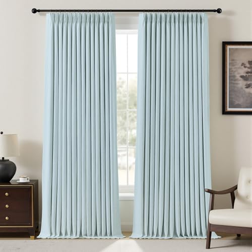 "YZ HOME Pinch Pleated Linen Curtains 100% Blackout 102 Inches Long for Living Room Bedroom, Memory Thermal Insulated Room Darkening Window Drapes with Rings Hooks, 2 Panels, Blue, 40"" Wx102 L"