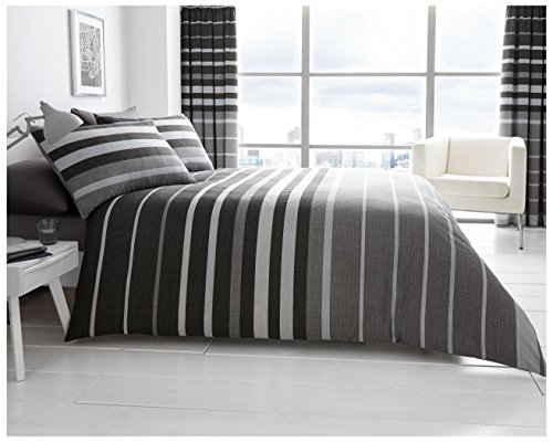 Comfy BLOCK STRIPES Bed Set with Duvet Cover and Pillow Cases, Polyester-Cotton, Grey, King