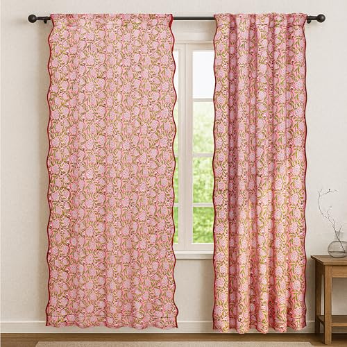 Ridhi Strawberry Pink Floral Cotton Scallop Curtains 1 pcs 84-Inch Pocket for The Rod Semi-Sheer Drapes for Living Room & Bedroom, Floral Patterned Farmhouse Boho French Country Window Panels