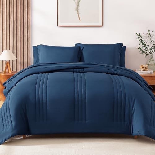 Monbix Queen Comforter Set-7 Pieces Soft Bed in a Bag Queen Bedding Sets - Monbix All-Season Vertical Quilted Comforter with Sheets, Pillow Shams & Pillowcases, Serenity Blue