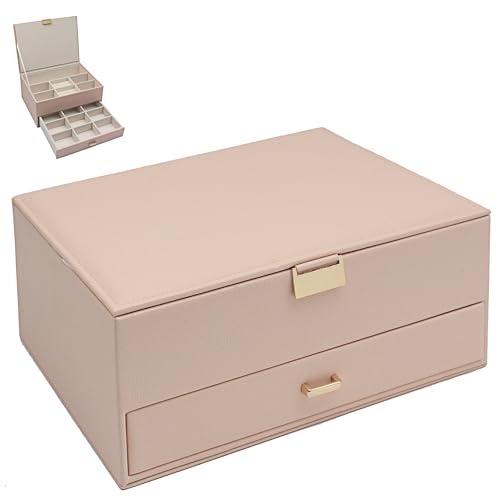 Lesser & Pavey Drawer Pink Faux Leather Lockable Jewellery Box - Lockable Case, Pull-Out Drawer, Protective Lining, Compact Organisation, Gift Choice