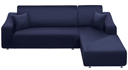 NAISI Couch Cover L Shape 2 Pieces Sofa Cover Soft Stretch Slipcovers with 2pcs Pillowcases Furniture Protector Sectional Couch Covers 3 Seater + 3 Seater(Navy)