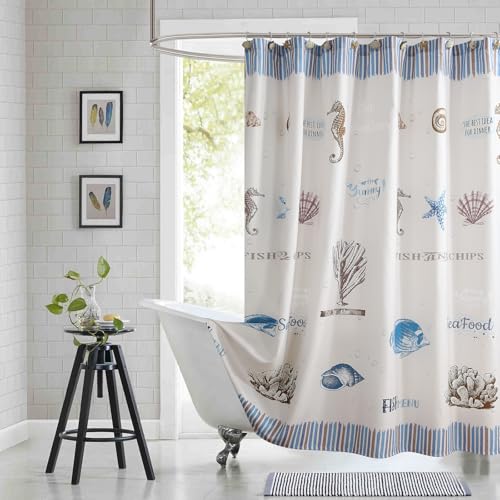 BESTRIPES Extra Long Coastal Shower Curtain, Waterproof with Nautical Stripes & Sea Life Print, 12 Metal Grommets & Weighted Hem, Blue/Ivory, 72x84 Inches