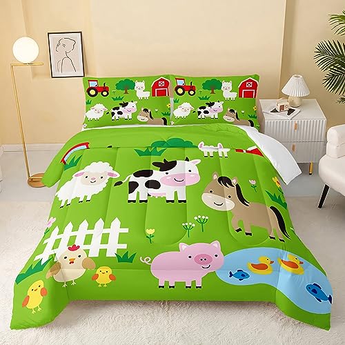 QOOMO Farm Animal Comforter,Pig Cow Sheep Comforter Set for Kids Teens Girls Boys,3Pcs Bedding Set Printed Comforter with 2 Pillowcases,Down Alternative,Soft and Lightweight???Twin Size