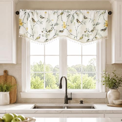 VOGOL Scalloped Valance Curtains for Kitchen Windows, Lovely Birds Print Swag Valance with Shining Beads, Rod Pocket Decorative Valances for Dorm Room, 52 x 16, 1 Panel, Grey
