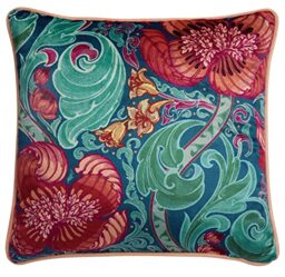Laurence Llewelyn-Bowen Bohemian Cushion – Blue & Red Floral Damask – Soft Velvet – 43x43cm – Piped Edge – Luxury Filled Cushion with Cover – Decorative Pillow for Bedroom & Living Room