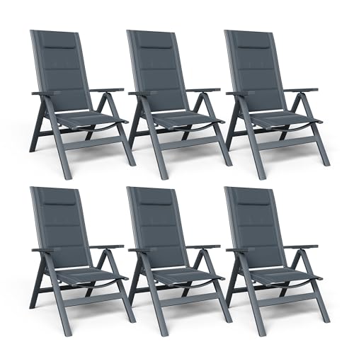 JUMMICO Garden Chair Folding Recliner, 7-Position Adjustable Backrest Aluminium Outdoor Chair, 180kg Load Capacity Extended Backrest, with Padded Cushion, Headrest, Lumbar Support, for Garden, Camping