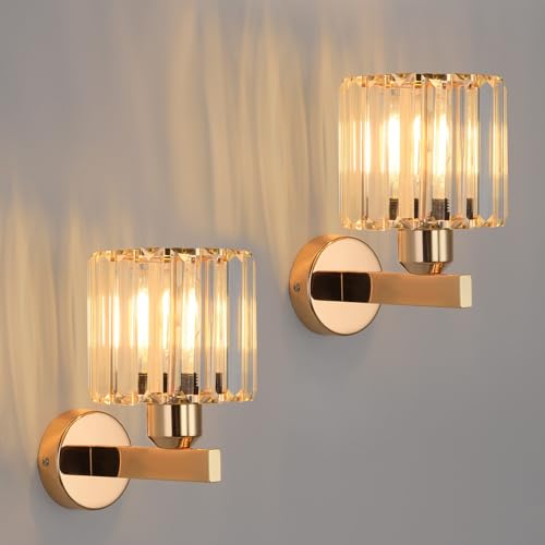 ANWIO Wall Lights,Bedroom Wall Lights,Gold Wall Light for Living Room,E27 Wall Light Shade Ceiling,Morden Crystal Wall Ceiling Light, Indoor Crystal Wall lamp(2 PCS,E27 Base,NO Bulbs)
